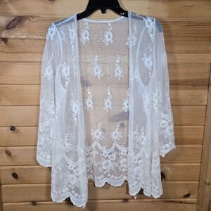 Sheer Lace Top Floral Cream Ivory Embroidered Coquette Cottage Fairy Boho M/L